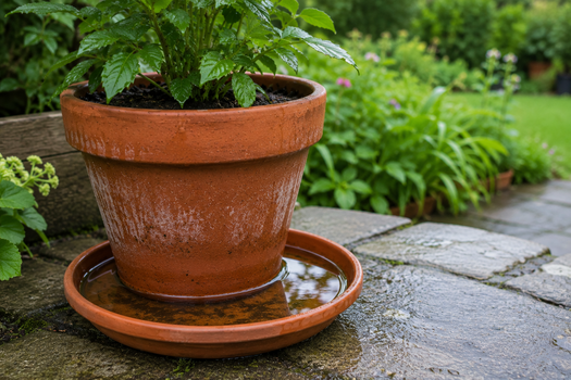 Blumenuntersetzer mit Wasseransammlung